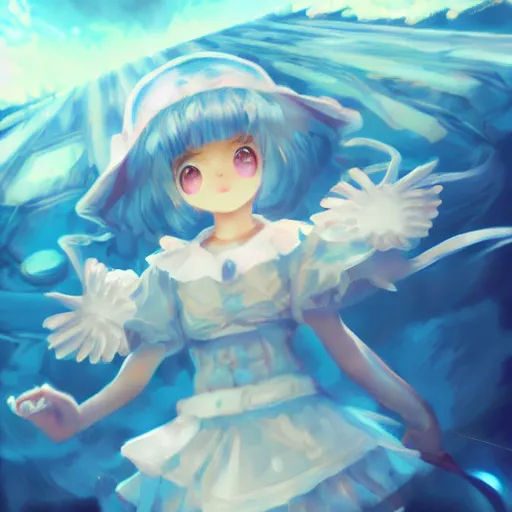 Image similar to cirno from touhou flying, matte painting by ross tran, artstation