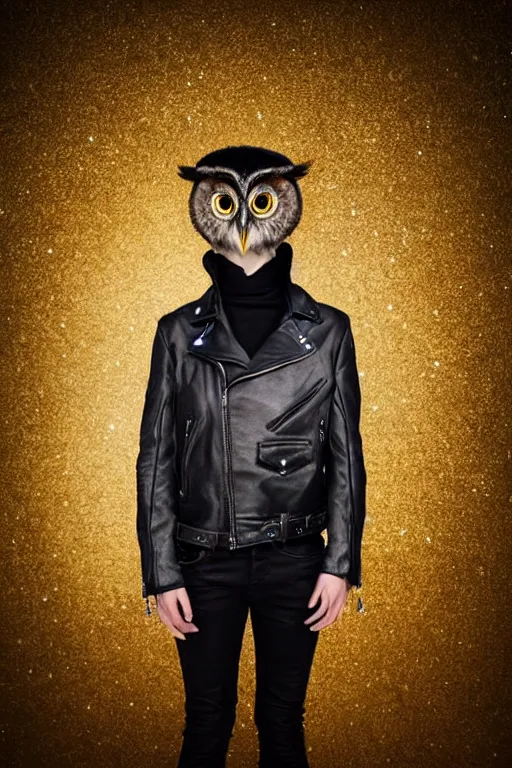 Prompt: front of owl wearing black biker jacket, portrait photo, full body, backlit, studio photo, golden ratio, starry background, black jacket