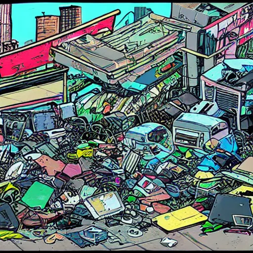 Image similar to view from ground level of a landscape full of junkyards, garbage heaps and recycled electronic gear | neon anime electronic cybernetic comic book art