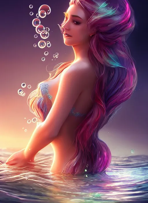 Image similar to very beautiful mermaid, artgerm, artstation, 4 k, top light, bubbles, magical, detailed,