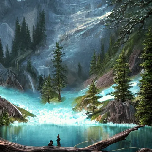 Prompt: mountain lake in sierra nevada, mountain with a waterfall in the background, deers drinking water in the lake, old fallen tree half - submerged into the lake, illustration, epic, fantasy, intricate, hyper detailed, artstation, concept art, smooth, sharp focus, ray tracing, vibrant, photorealistic, jessica rossier