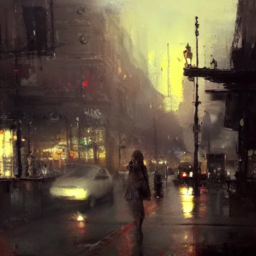 Image similar to detailed street scene, volumetric lighting, painting by jeremy mann