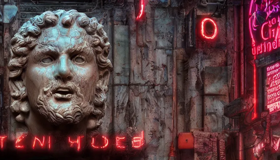 Image similar to a weathered ancient greek sculpture dionysus in the middle of cyberpunk city, neon sign, bladerunner, digital illustration, artstation, cinematic composition, bottom view