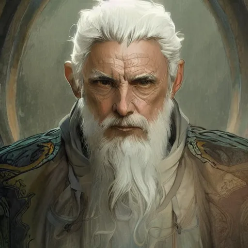 Image similar to man, white clothed, white hair, daoist, artstation, concept art, highly detailed, style of greg rutkowski and alphonse mucha