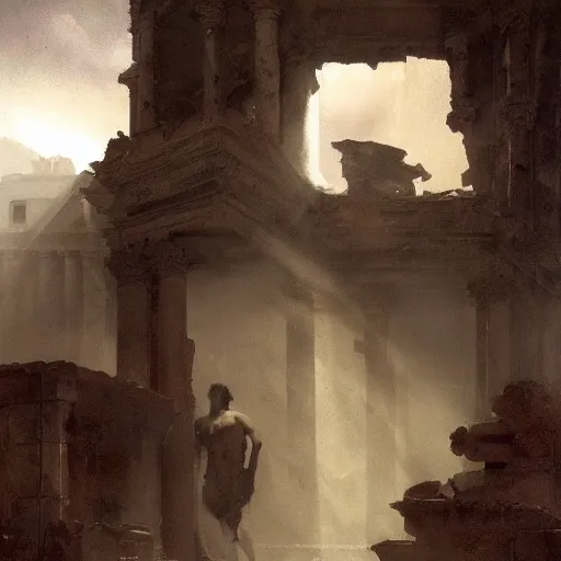 Image similar to portait of magican wearing a closed cerimonial cowl, big old book!!!!!! chained to the wrist, by jeremy mann, by tiepolo, mike mignola, by greg rutkowski, face in the shadows, ( ( ruins of ancient rome ) ), at dusk, mysterious atmosphere, sunrays, high detailed, 8 k