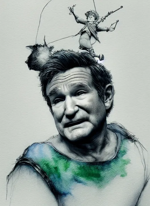 Image similar to portrait, Robin Williams as Peter Pan, watercolor, dramatic lighting, cinematic, establishing shot, extremely high detail, foto realistic, cinematic lighting, pen and ink, intricate line drawings, by Yoshitaka Amano, Ruan Jia, Kentaro Miura, Artgerm, post processed, concept art, artstation, matte painting, style by eddie mendoza, raphael lacoste, alex ross