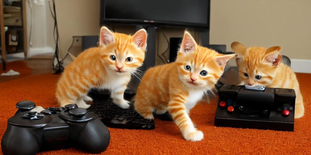 Prompt: an orange tabby kitten playing video games by richard scary