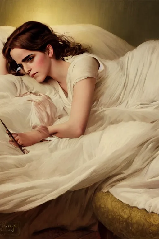 Image similar to Emma Watson lying on the bed in sleepwear, medium shot, intricate, elegant, highly detailed, digital painting, volumetric light, artstation, concept art, smooth, sharp focus, illustration, art by Gil Elvgren and Greg Rutkowski and Alphonse Mucha, 8K