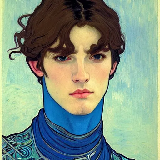 Prompt: portrait painting of young handsome beautiful paladin elf!! man with long! wavy dark hair and blue eyes in his 2 0 s named taehyung minjun james at the blueberry party, wearing armor!, gorgeous hair, elf ears, icy eyes, elegant, cute, delicate, soft facial features, art by alphonse mucha, vincent van gogh, egon schiele,
