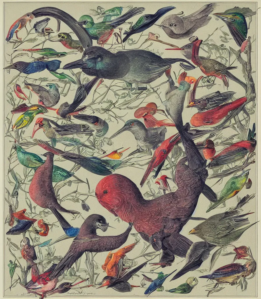 Prompt: brilliant alien birds color scientific illustration by Ernst Haekel, color illustration with orthographic views