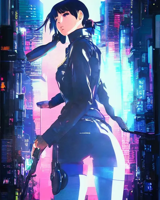 Image similar to police officer girl very very anime!!! fine face, audrey plaza, realistic shaded perfect face, fine details. anime. realistic shaded lighting cyberpunk futuristic neon tattoos styled hair reflective puffy sheen film jacket decorated poster by ilya kuvshinov katsuhiro otomo ghost in the shell magali villeneuve artgerm jeremy lipkin michael garmash rob rey