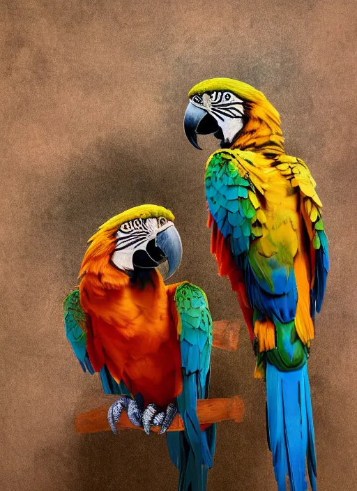 Image similar to An epic fantastic realism comic book style painting of the most beautiful macaw parrots, bouquets, Shamanic Mask, fisheye lens, unreal 5, DAZ, hyperrealistic, octane render, dynamic lighting