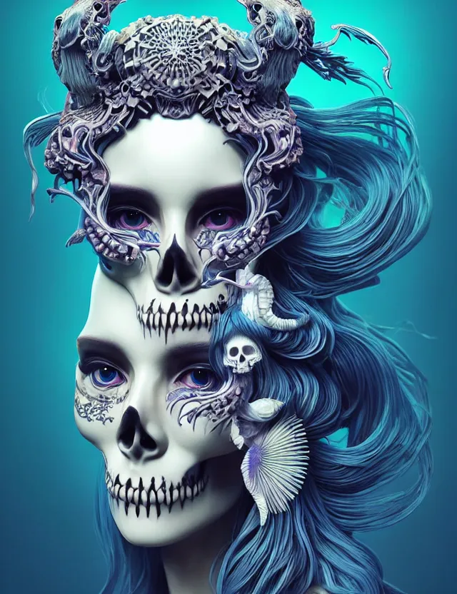 Image similar to 3 d goddess skull half - turn portrait with long hair with ram skull. beautiful intricately detailed japanese crow kitsune mask and clasical japanese kimono. betta fish, jellyfish phoenix, bio luminescent, plasma, ice, water, wind, creature, artwork by tooth wu and wlop and beeple and greg rutkowski