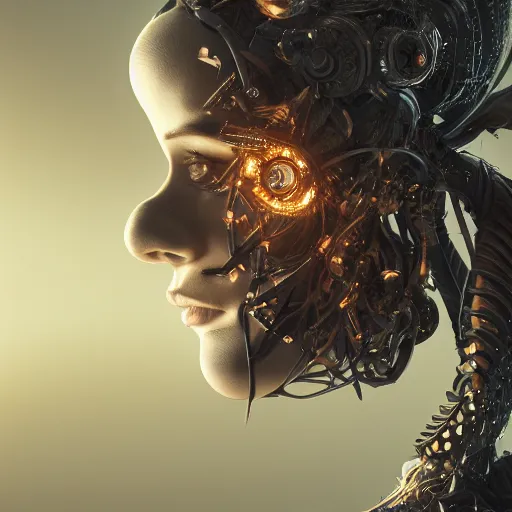 Image similar to beautiful impish biomechanical hatter incredible technological hair, masterpiece crystalline incrustations, hyper - detailed face, elegant pose, movie still, intricate, octane render, cinematic lighting, cgsociety, unreal engine,