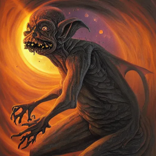 Image similar to an arrogant goblin steps casually into the abyssal portal, only to be met with unimaginable horrors from beyond. his body and mind are completely annihilated as he witnesses the end of time. space itself begins to warp into a single point of light and for a few silent moments the goblin knows everything, from his world and beyond. dark fantasy, oil painting, high detail