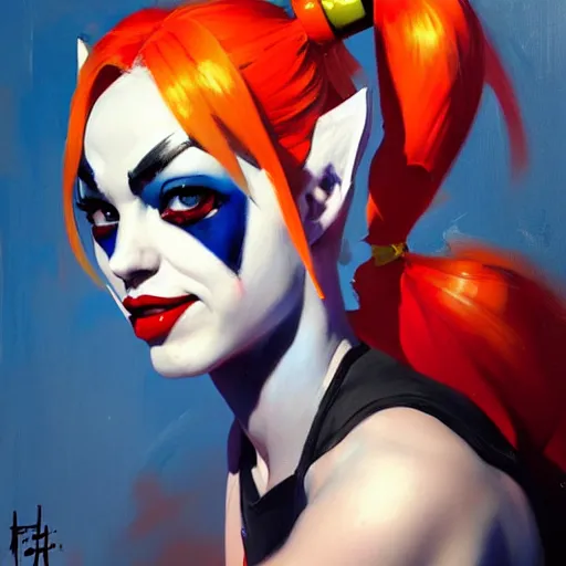 Prompt: Greg Manchess portrait painting of Harley Quinn as Overwatch character, medium shot, asymmetrical, profile picture, Organic Painting, sunny day, Matte Painting, bold shapes, hard edges, street art, trending on artstation, by Huang Guangjian and Gil Elvgren and Sachin Teng