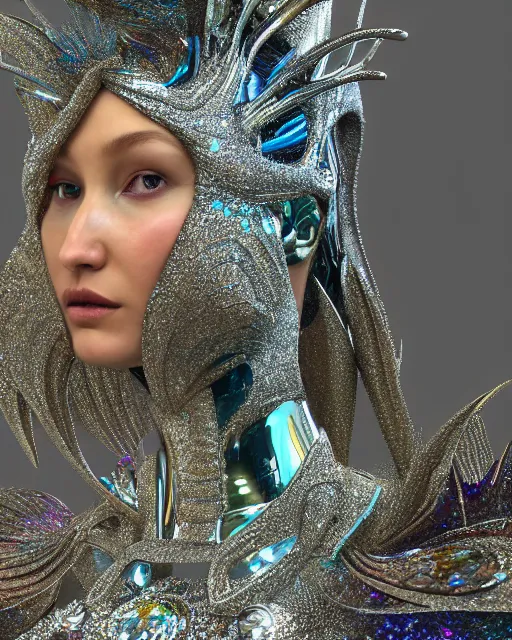 Prompt: a highly detailed metahuman 4 k close up render of an alien goddess bella hadid android in iris van herpen dress schiaparelli in diamonds crystals swarovski and jewelry iridescent in style of alphonse mucha gustav klimt trending on artstation made in unreal engine 4