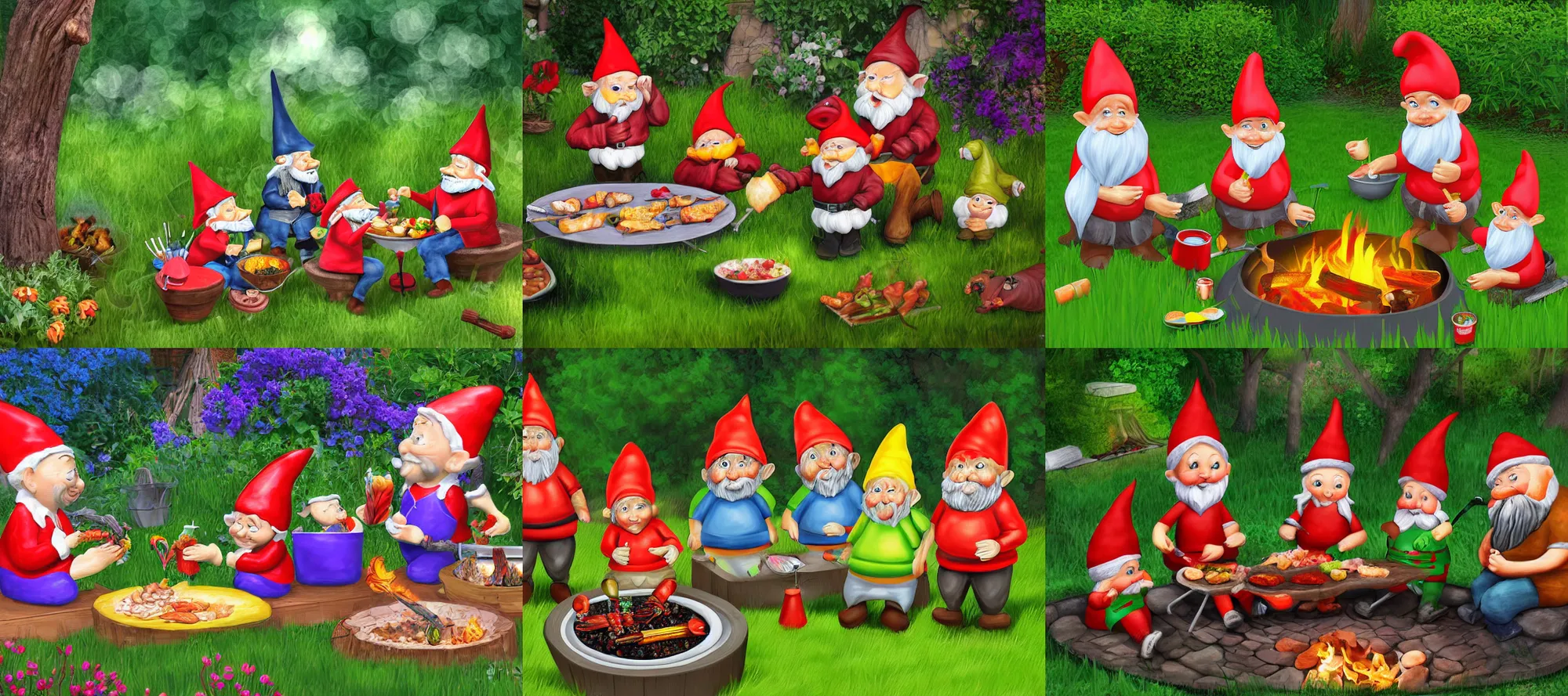 Prompt: garden gnomes having a barbecue in the backyard, digital art, highly detailed,