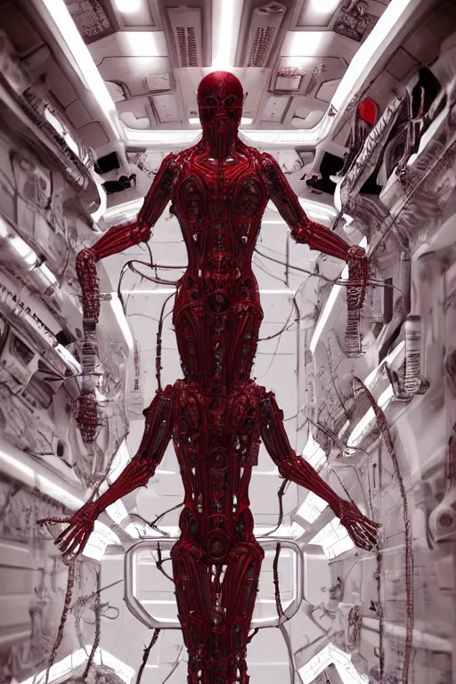 Prompt: jesus space station interior white cross cross inflateble shapes wires tubes veins wires tubes veins jellyfish white biomechanical details a statue jesus on cross made of red marble hands nailed to a cross perfect symmetrical full shot, wearing epic bionic cyborg implants masterpiece, intricate biopunk highly detailed artstation concept art cyberpunk octane render