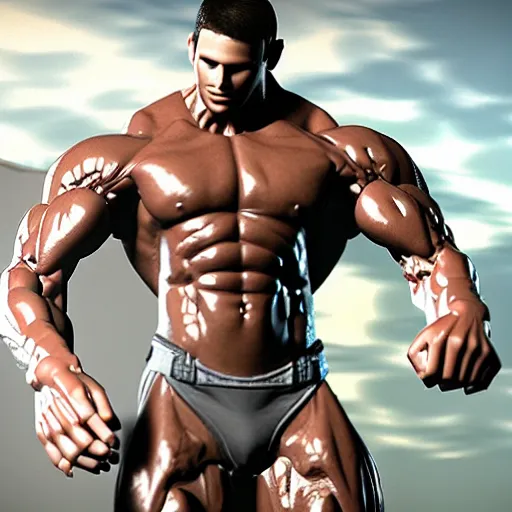 Image similar to a realistic detailed photo of a bodybuilder who is also a male android Chris Redfield, shiny skin, posing robotically, blank stare