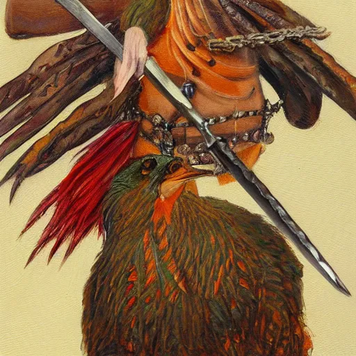 Image similar to Pheasant with sword on the belt, by lily seika jones , rivuletpaper art, very detailed, oil painting, harsh fairy tale, soft style, beautiful, high resolution, trending on artstation, steps 50