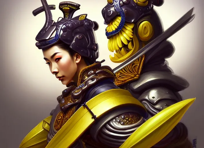 Image similar to a anthropomorphic banana wearing samurai armor, diffuse lighting, fantasy, intricate, elegant, highly detailed, lifelike, photorealistic, digital painting, artstation, illustration, concept art, smooth, sharp focus, art by frank frazetta and marco bucci and loish and rossdraws and artgerm and alphonse mucha