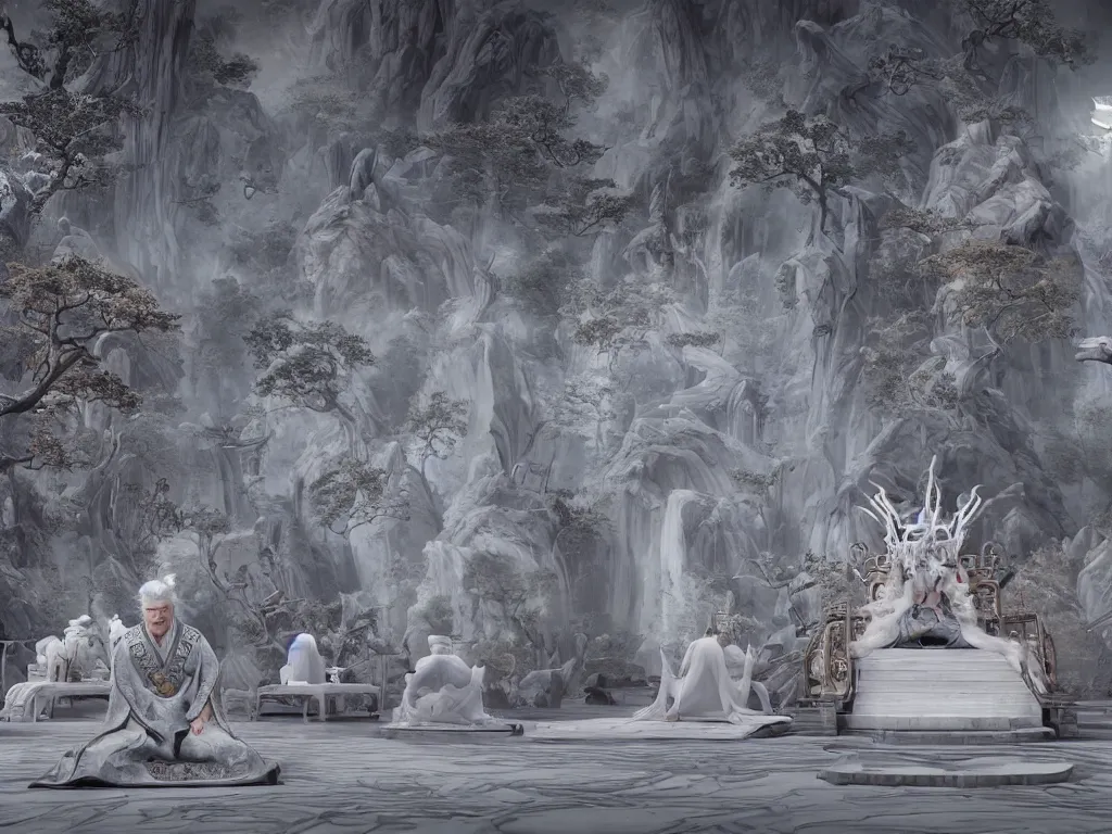 Prompt: epic scene reander of the white haired fuxi in chinese mythology, sit on the throne, behind him is the eight diagrams totem, wearing a grey robe, solemn gesture, ultra realistic, intricate details, 8 k, unreal engine, octane render, the background behind is the tai chi diagram, by raphael lacoste, wings, scene render