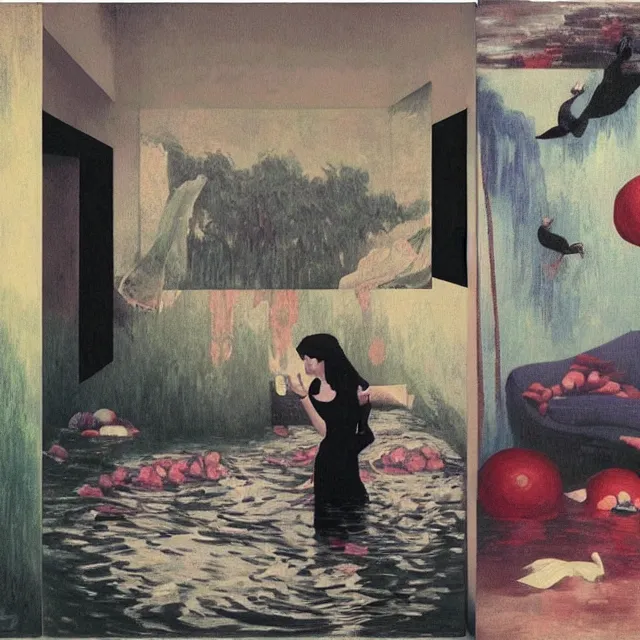 Image similar to tall female emo artist in her flooded apartment, water gushing from ceiling, painting of flood waters inside an artist's home, a river flooding indoors, pomegranates, pigs, ikebana, zen, water, octopus, river, rapids, waterfall, black swans, canoe, berries, acrylic on canvas, surrealist, by magritte and monet