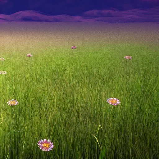 Prompt: A flowery grass field, cinematic perspective, artstationhd, Cloudy, atmospheric, volumetric lighting, vray, 8k, detailed