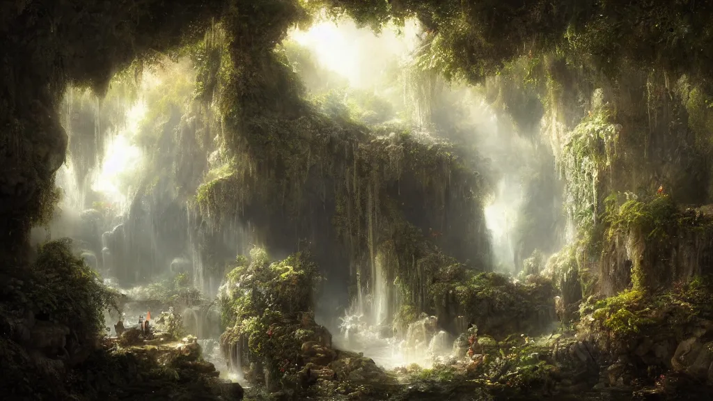 Image similar to hidden in the stone cavern is a secret garden. andreas achenbach, artgerm, mikko lagerstedt, zack snyder, tokujin yoshioka