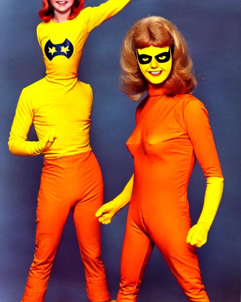 Prompt: new marvel superhero named captain marigold, orange and yellow costume, 1 9 7 0 s photo