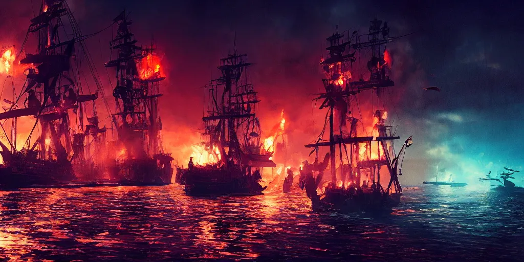 Prompt: pirate ships at war at night, smoke, fire, chaos, photo realistic, 8k, artstation, Blade runner, neon signs in the distance, dark, cinematic, high contrast, epic