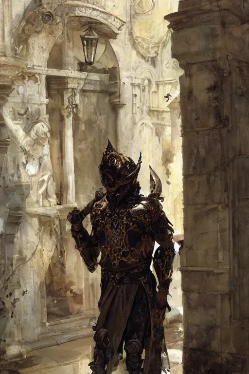 Image similar to an biomechanical palace guard walking through the byzantine courtyard by anders zorn, wonderful, masterpiece by greg rutkowski, beautiful cinematic light, by greg manchess, jessica rossier