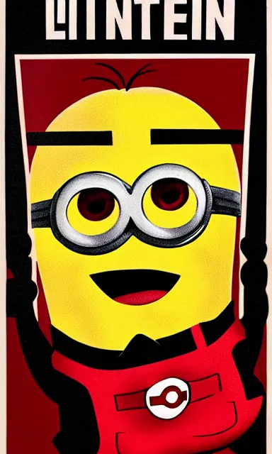 Prompt: Minion on old Soviet poster, high quality, warm colours, red colours