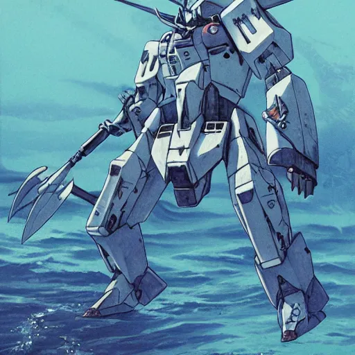 Image similar to shark faced gundam, amphibious combat mecha mobile suit stepping onto a beach holding a scifi weapon, over under shot by wayne barlowe, pascal blanche, victo ngai