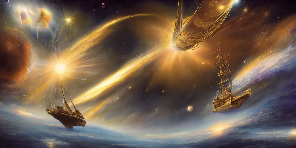 Image similar to Photorealistic epic science fiction painting of one solitary flying tall ship in space, flying past galaxies, by Rodney Matthews and Roger Dean. spelljammer, photorealism, UHD, amazing depth, glowing, golden ratio, 3D octane cycle unreal engine 5, volumetric lighting, cinematic lighting, cgstation artstation concept art