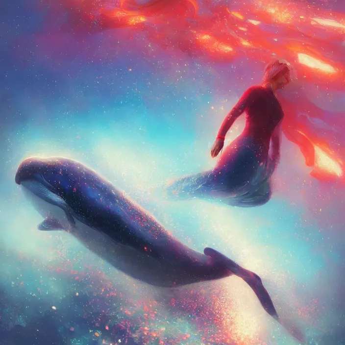 Prompt: glimmering whale, young girl in red dress, cosmos, milky way galaxy, golden hour, god rays, coral reef, dreamscape by artgerm and ruan jia and ismail inceoglu and greg olsen, masterpiece, beautiful, intricate, elegant, highly detailed