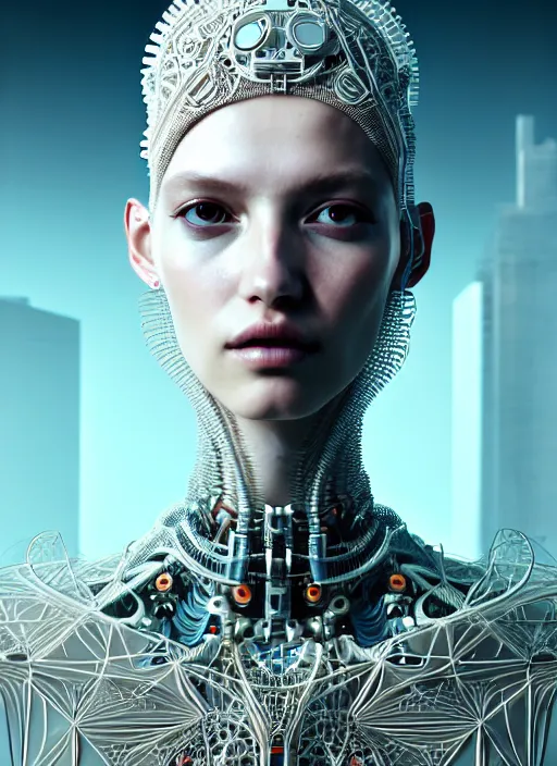 Image similar to portrait of an absurdly beautiful, graceful, sophisticated, fashionable cyberpunk mechanoid, hyperdetailed illustration by irakli nadar and vania zouravliov, matt wisniewski style, intricate linework, white porcelain skin, faberge, coral headdress, unreal engine 5 highly rendered, global illumination, radiant light, detailed and intricate environment