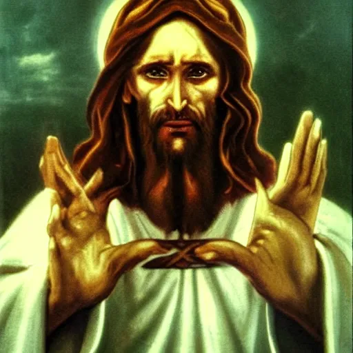 Image similar to jesus christ the occult leader, demented, horror, creepy, terror, close up,