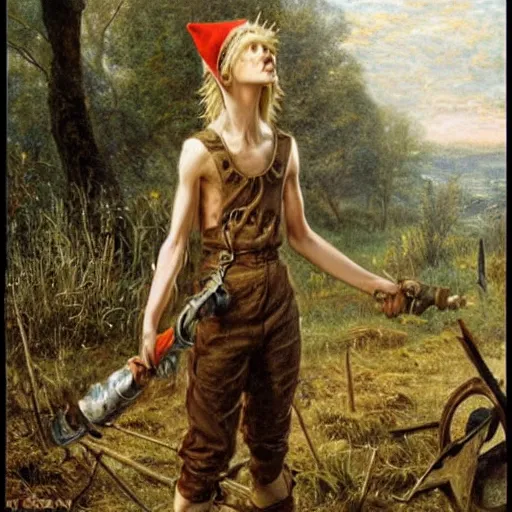 Image similar to a skinny elf with spiky blonde hair wearing dark brown overalls and holding dynamite standing next to a destroyed car, painting by Sophie Anderson