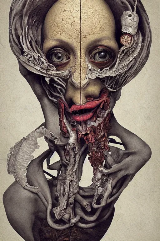 Image similar to Detailed maximalist portrait with large lips and with large wide eyes, surprised expression, surreal extra flesh and bones, HD mixed media, 3D collage, highly detailed and intricate, illustration in the golden ratio, in the style of Caravaggio, dark art, baroque