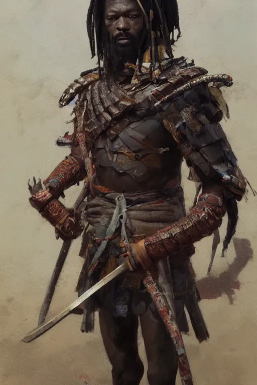 Image similar to a full body fantasty portrat, oil painting, illustration of an old African samurai, by Justin Sweet and Greg Rutkowski and Alphones Much