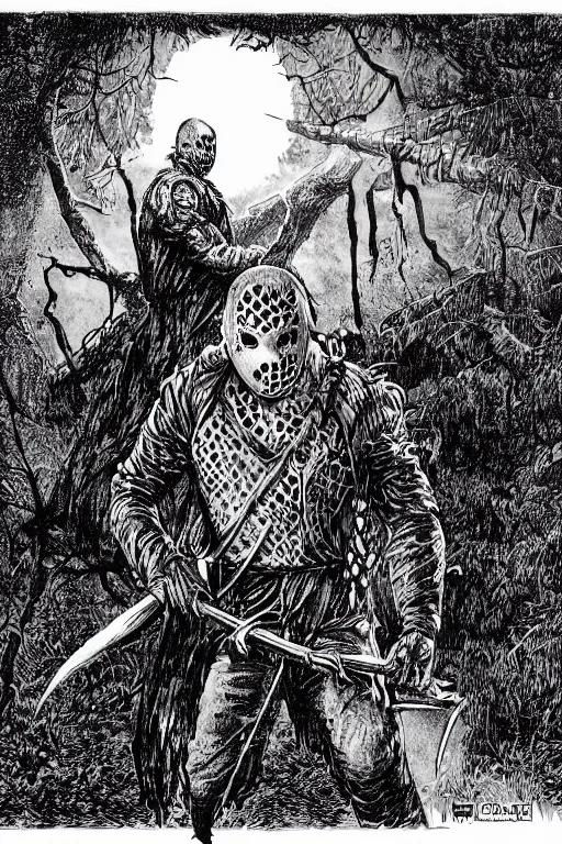 Image similar to Jason Voorhees as a D&D monster, pen-and-ink illustration, etching, by Russ Nicholson, DAvid A Trampier, larry elmore, 1981, HQ scan, intricate details, high contrast