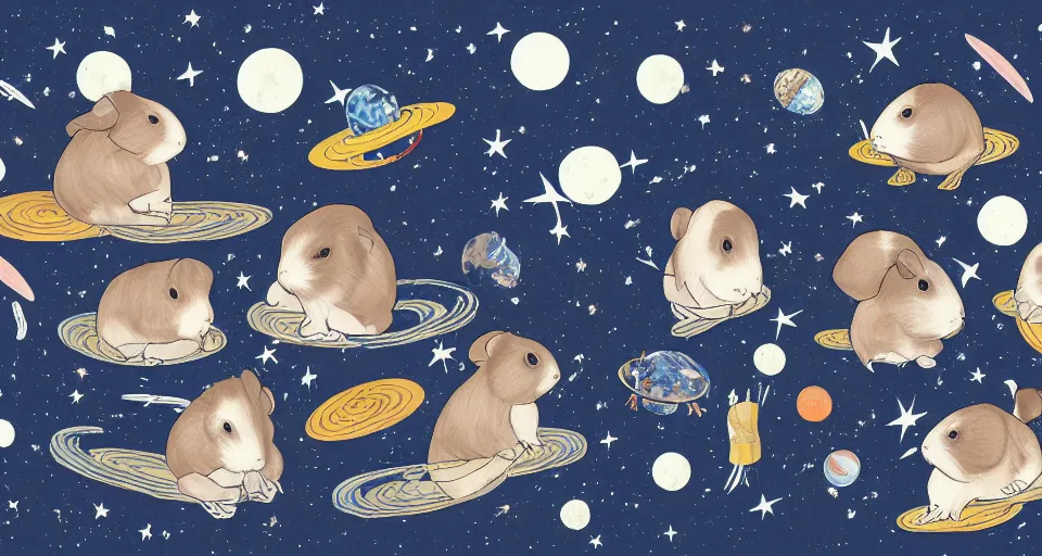 Image similar to back view of many baby guineapigs on the cover of vogue magazine flying in space suits, deep dark universe, twinkling and spiral nubela, warmhole, beautiful stars, 4 k, 8 k, by hokusai, samurai man vagabond, detailed, editorial illustration, matte print, concept art, ink style, sketch, digital 2 d