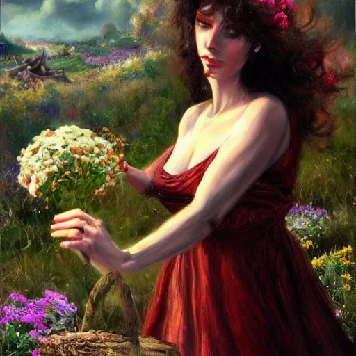 Image similar to a beautiful oil painting of Circe the witch picking up flowers, detailled, HD, realistic