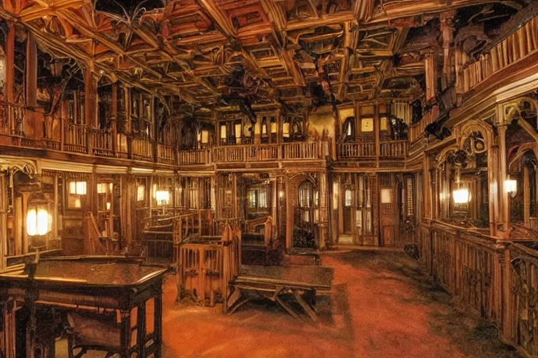 Prompt: full - color photo of the interior of the spooky winchester mystery house at night. the interior architecture and layout are illogical, surreal, bizarre, complicated, and labyrinthine. there is a faintly - visible victorian ghost lurking.