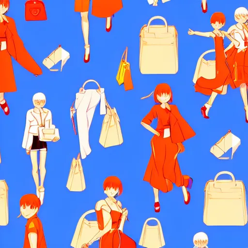 Prompt: fashion house hermes repeating pattern featuring cities and people vector illustration in style of anime realistic uhd 8 k