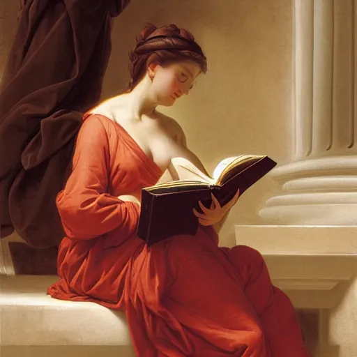 Image similar to a girl reading a book, hair flowing down, style of Jeff Easley Antonio Canova Ken Kelly Élisabeth Vigée Le Brun, 8K resolution