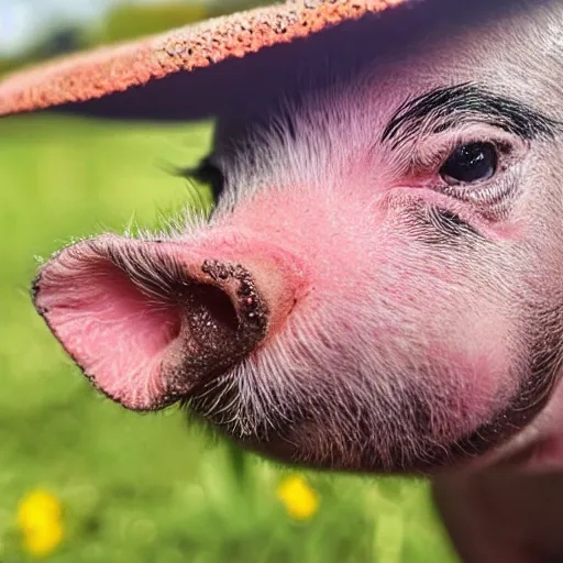 Image similar to a miniature pig wearing a sunhat!!! garden! hyper realistic!! realistic lighting!! wildlife photograph of the year!!! bold natural colors, national geographic, hd, wide angle, 8 k