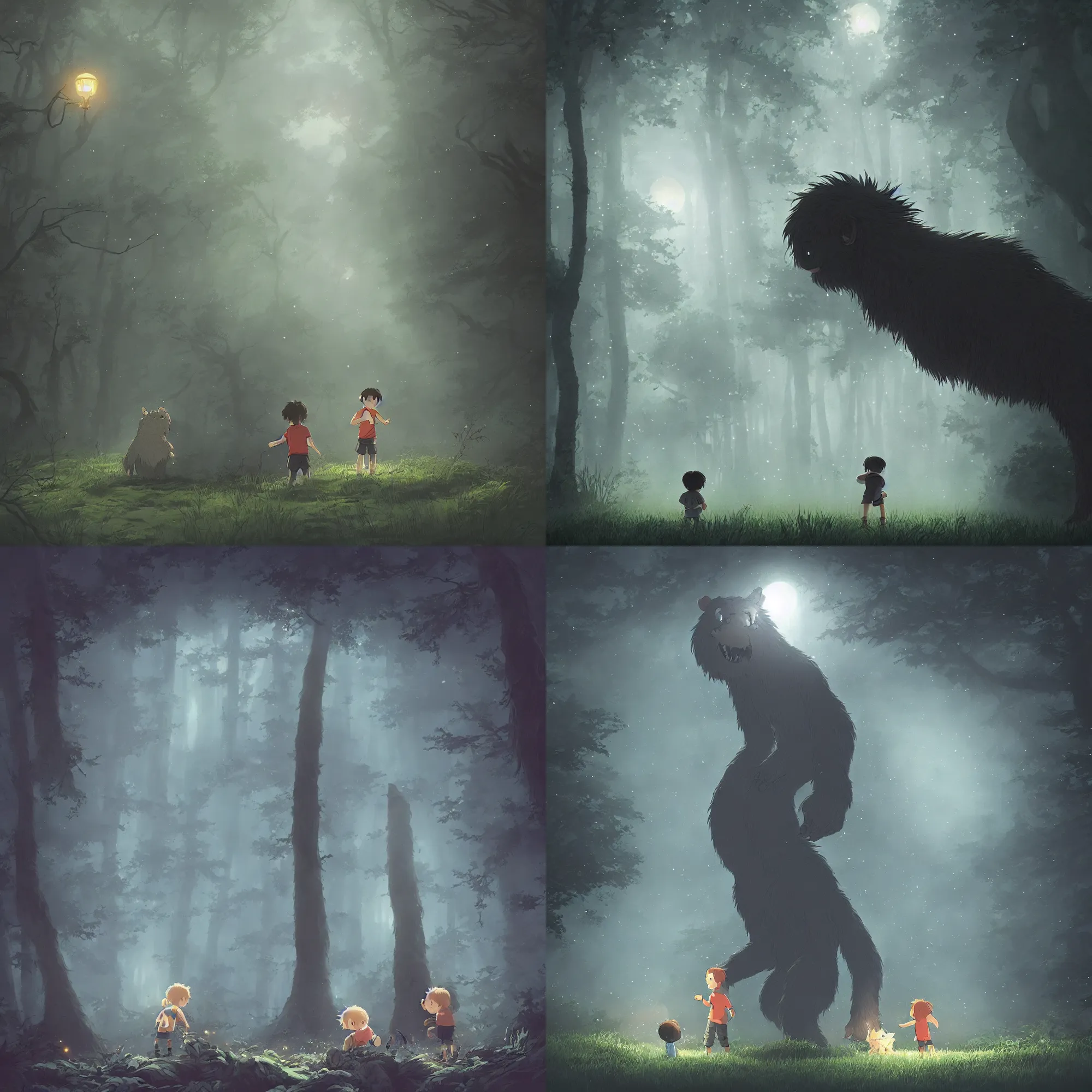 Image similar to a small boy discovers a giant hairy monster in a misty moonlit forest, surrounded by fireflies, art by studio ghibli, trending cgsociety, cinematic lighting